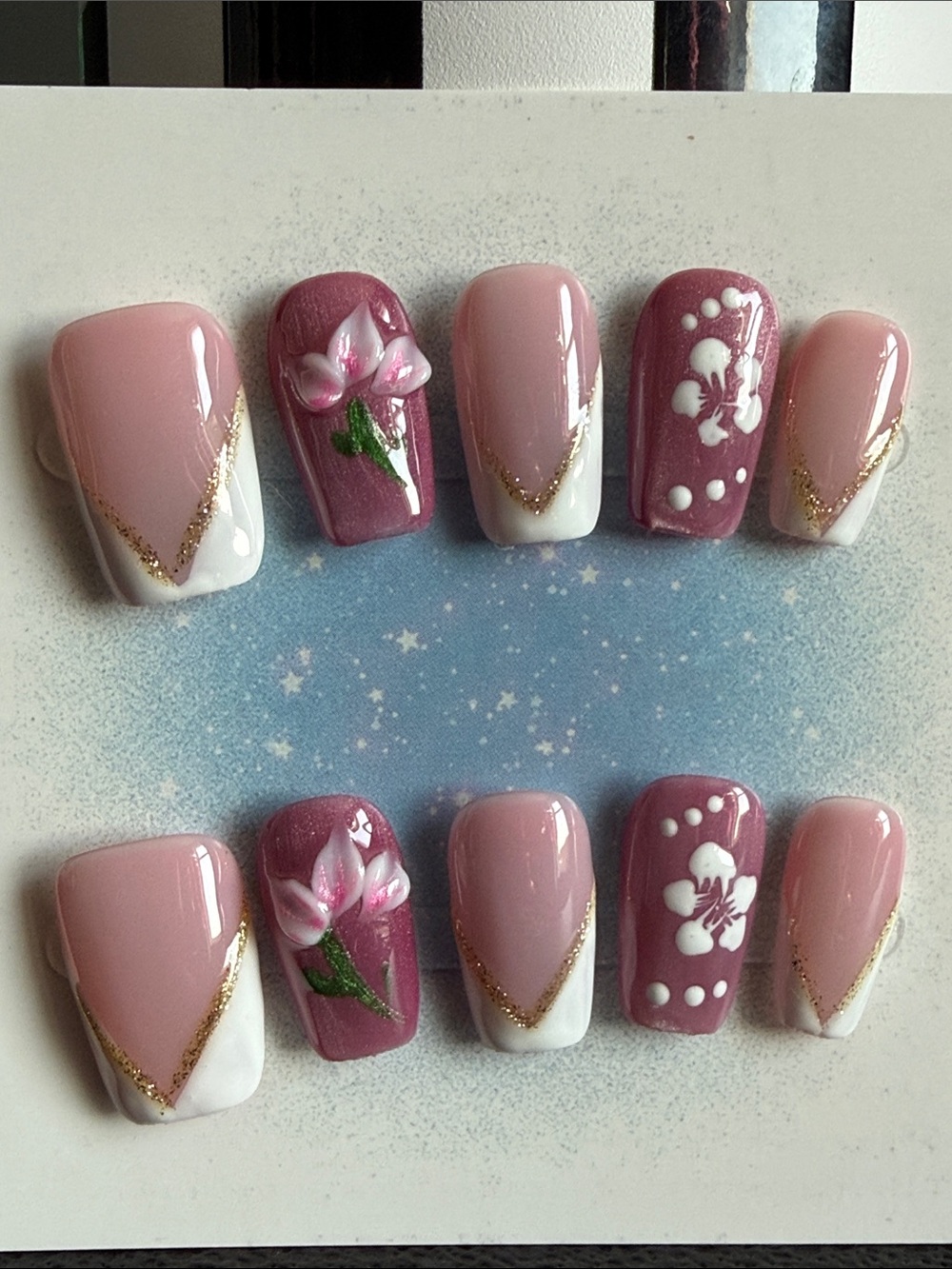 Pink Floral Press-On Nail Set with Gold Accent - Women Accessories
